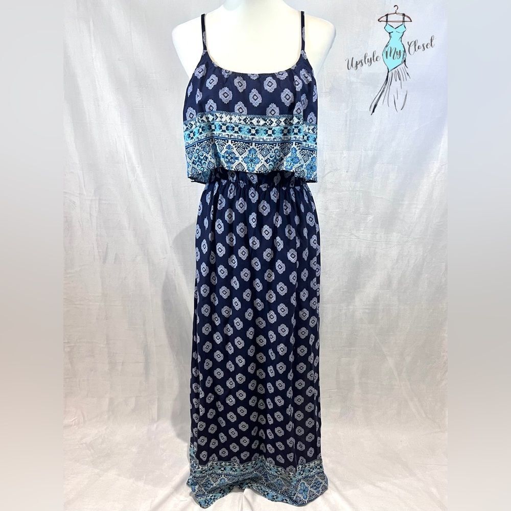 Pink Rose Navy Blue and Teal Printed Maxi Dress